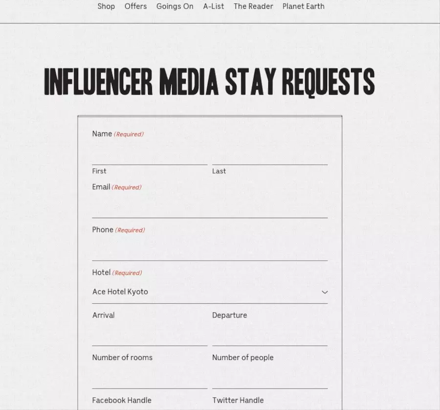 Ace Hotel stay request form screenshot
