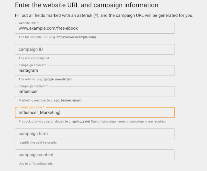 Screenshot of campaign URL builder used in influencer marketing measurement
