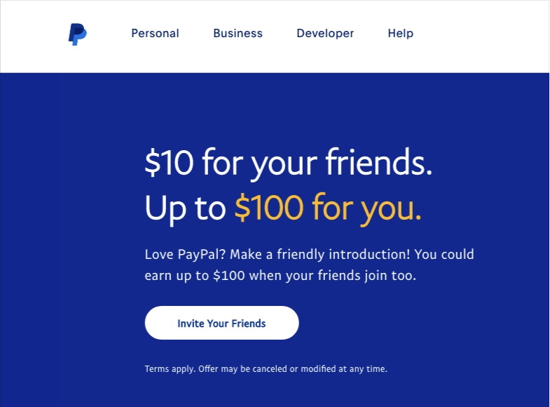 Screenshot of Paypal referral program