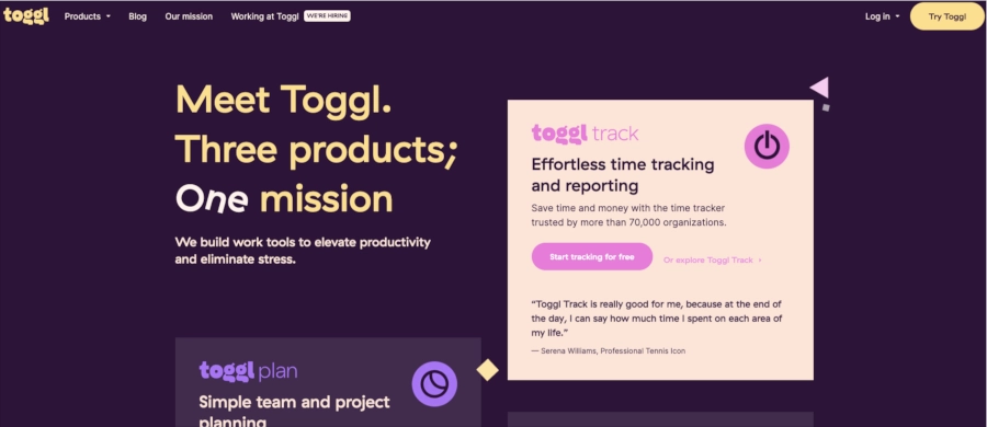Screenshot of Toggl homepage
