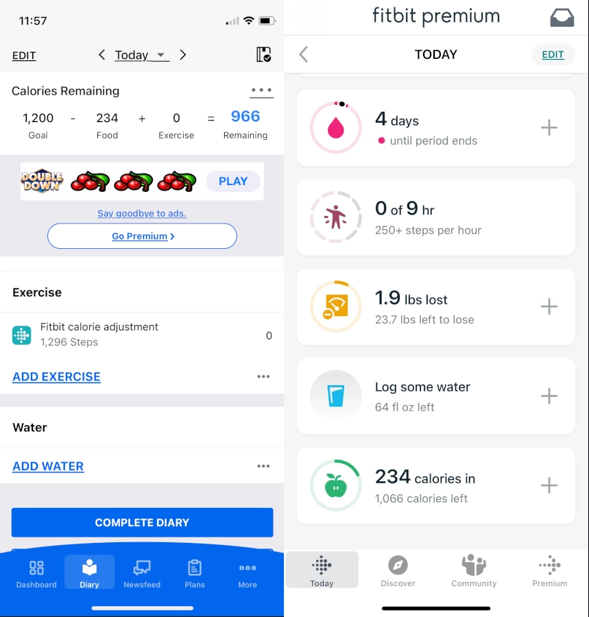 Screenshots of My Fitness Pal and Fitbit apps