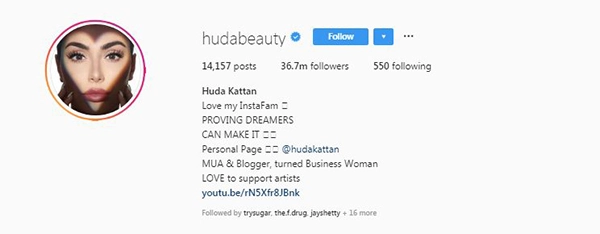 Snapshot of Huda Kattan's Instagram description