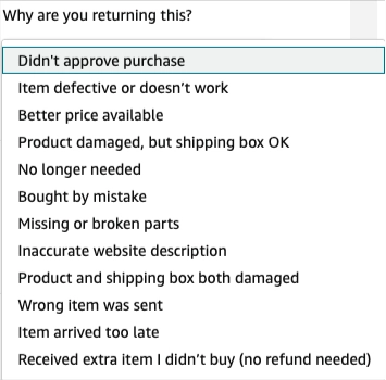 Screenshot of Amazon return dropdown