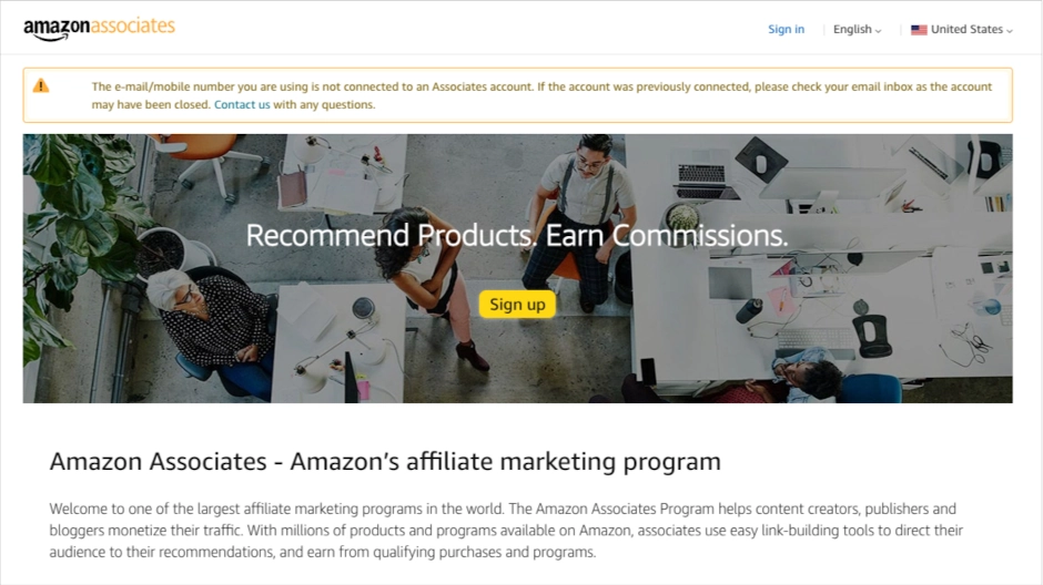 Screenshot of Amazon Affiliate page