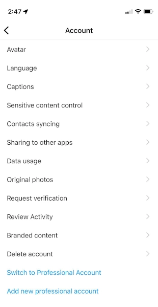 Instagram settings menu