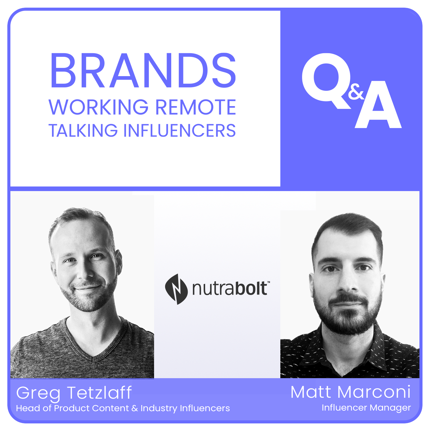 Image detailing brand-influencer relationships with GRIN's influencer marketing podcast "brands working remote talking influencers" with nutrabolt's Gret Tetzlaff and Matt Marconi