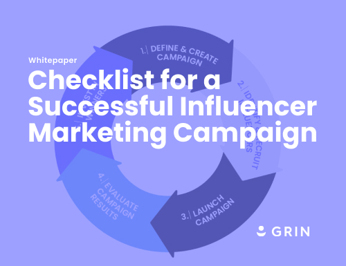 Checklist for a successful influencer marketing campaign on purple backdrop with a flow chart in the background