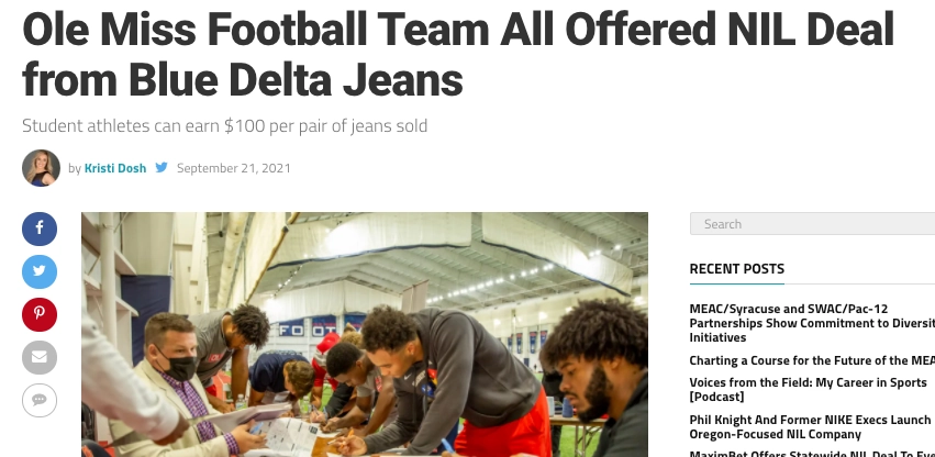 Headline of "Ole Miss Football Team Offered NIL Deal from Blue Delta Jeans" example of college athlete influencer marketing