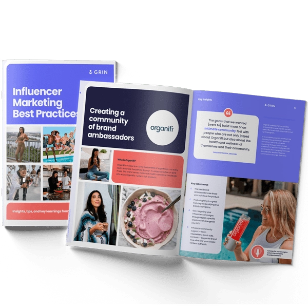 A preview of inside the ebook "Influencer Marketing Best Practices" next to a closed version of the ebook