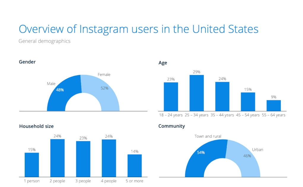 Graphs of overviews of Instagram users in the US by gender, age, household size, and community