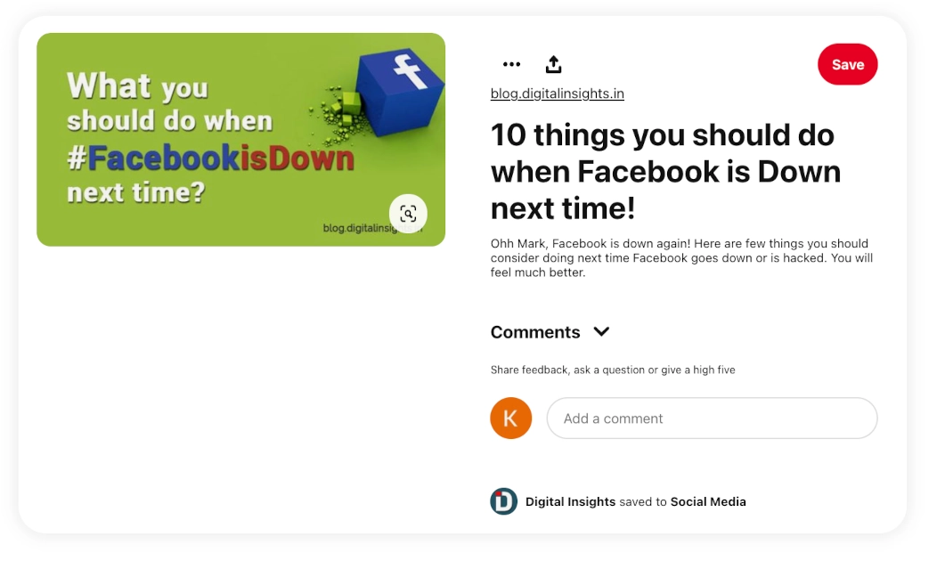 Screenshot of Pinterest article "10 things you should do when Facebook is Down next time"