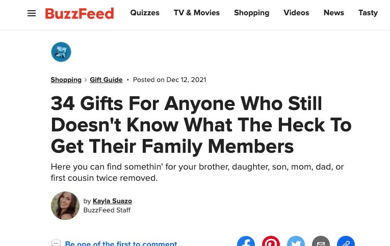Screenshot of BuzzFeed gift guide in example of content commerce