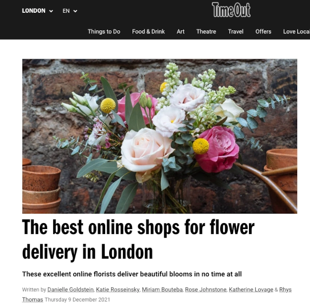 Screenshot of TimeOut article on best online shops for flower delivery in London example of content commerce