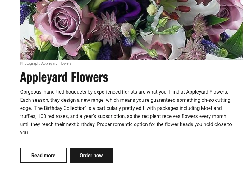 Screenshot of Appleyard Flowers listing on TimeOut shopping guide example of content commerce