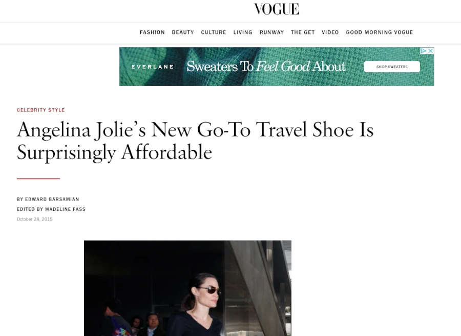 Screenshot of Vogue article example of content commerce