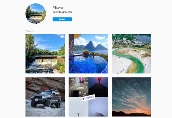 Screenshot of Instagram hashtag "travel" results