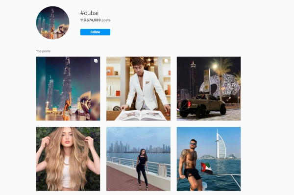 Screenshot of Instagram hashtag "dubai" results
