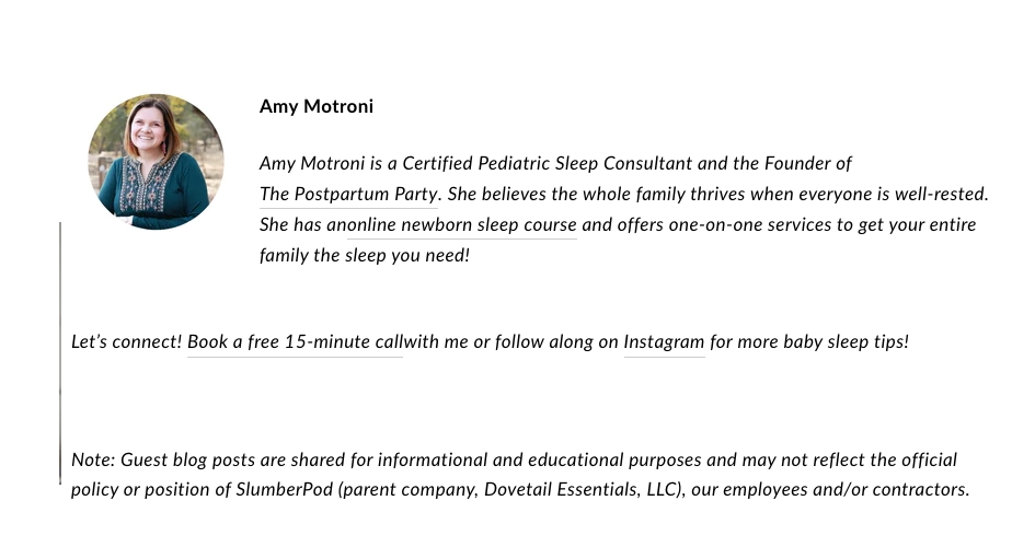 Screenshot of Amy Motroni guest blog bio demonstrating influencer-generated content