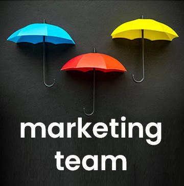 marketing team words under 3 umbrellas colored blue, red, and yellow