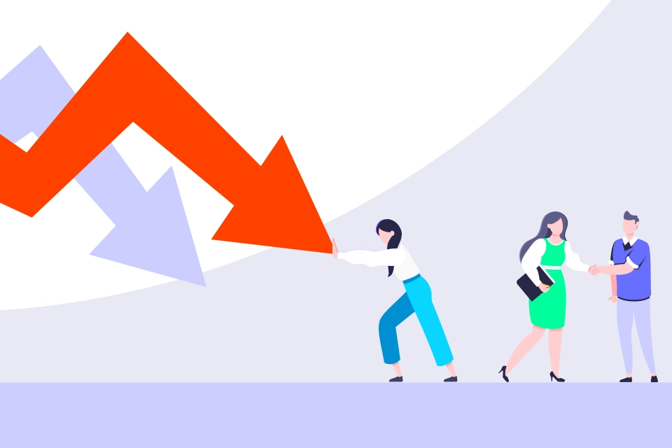 illustration of a woman pushing against downward trending arrows next to two other people