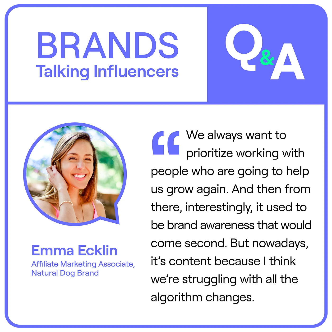 Brands Talking Influencers Q&A quote image w/ Emma Ecklin potrtrait & quote on her influencer marketing program