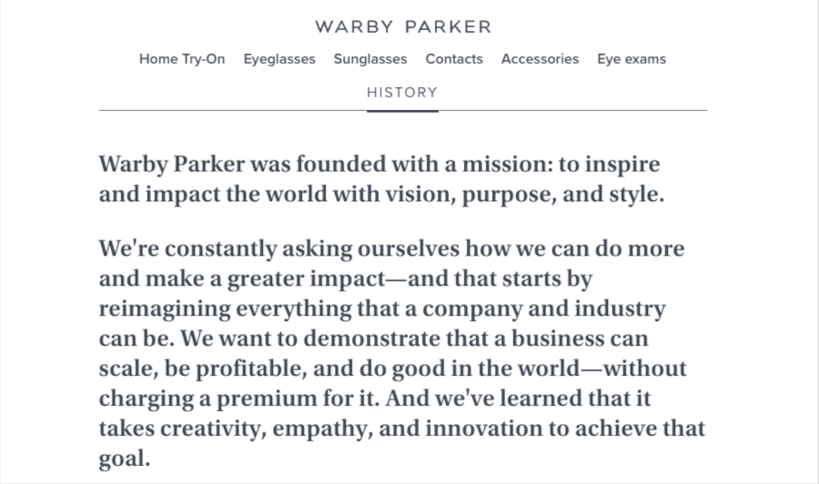 Screenshot of Warby Parker's history