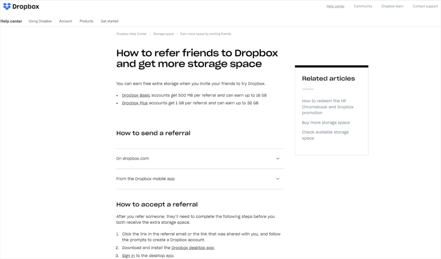 screenshot of dropbox referral program