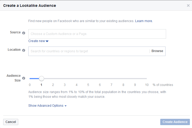 Screenshot of Facebook Create a Lookalike Audience section