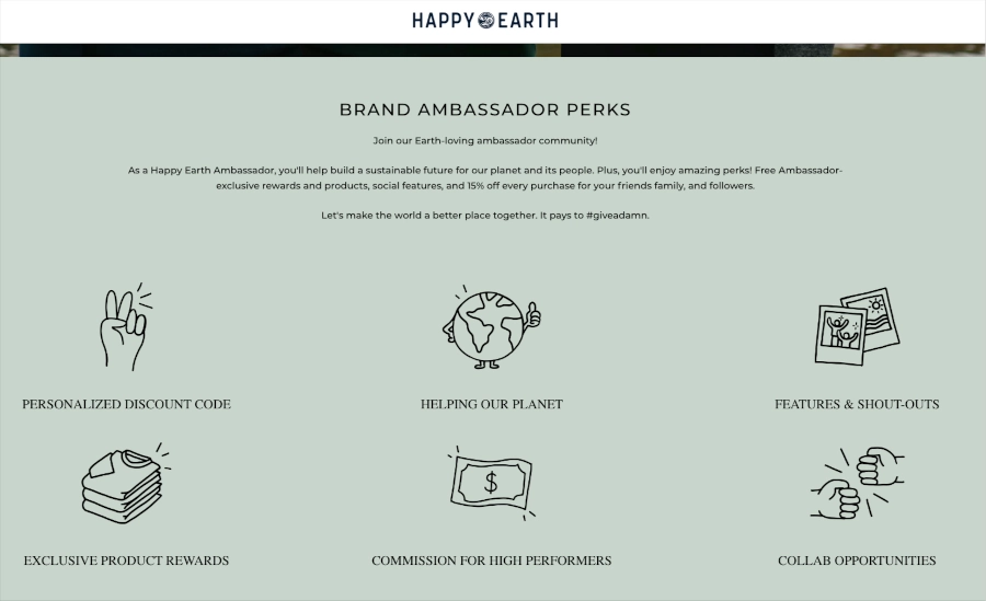 Screenshot of Happy Earth Brand Ambassador Perks