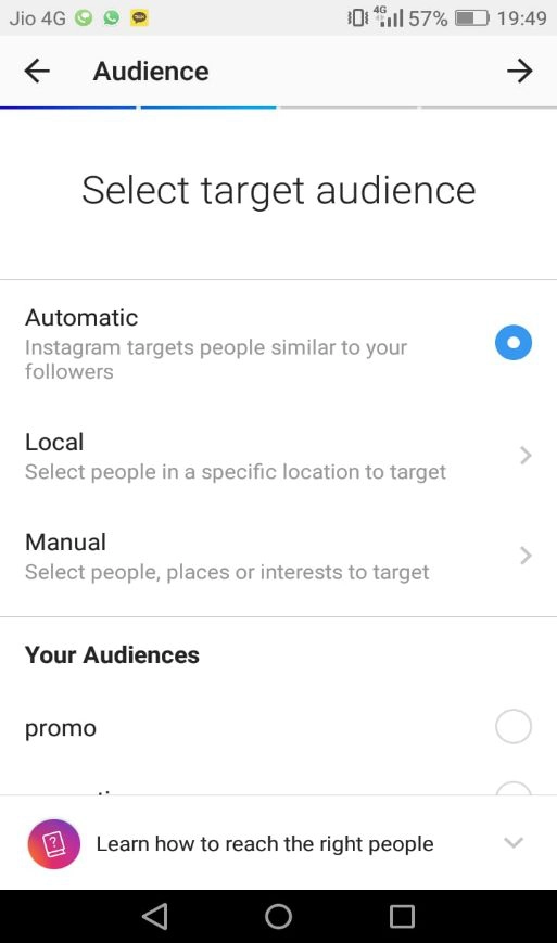 Screenshot of Instagram Audience selection