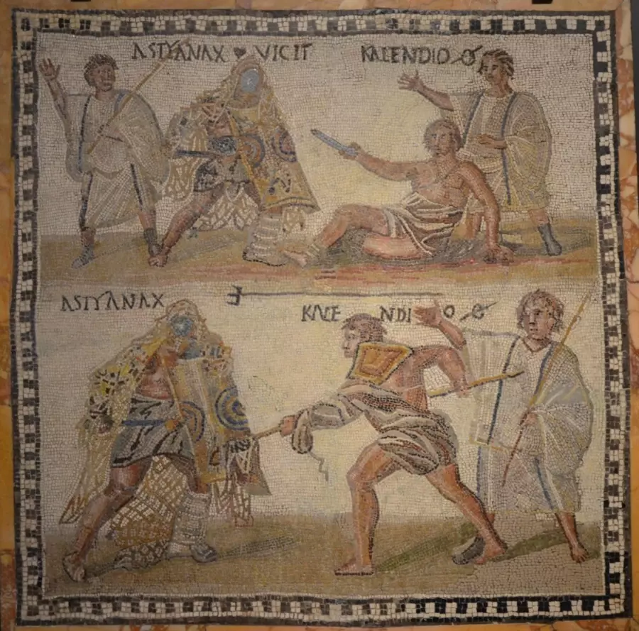 Mosaic at the National Archaeological Museum in Madrid showing a retiarius (net-fighter) named Kalendio fighting a secutor named Astyanax showing the history of influencer marketing