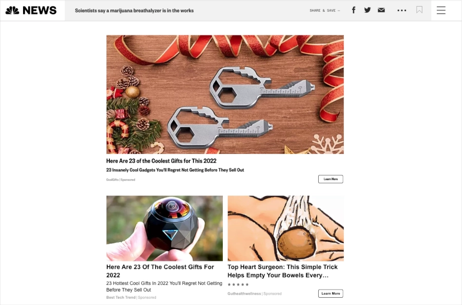 Snapshot of native CoolGifts ads on NBC News.com