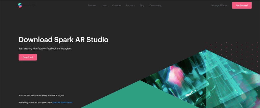 Spark AR Studio homepage screenshot