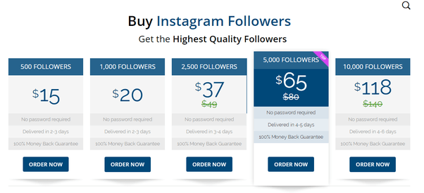 Screenshot of Instagram follower buying packages