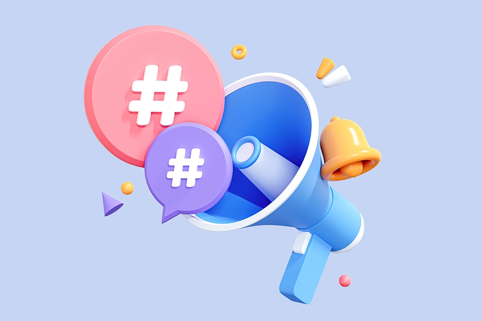 2023 hashtags symbolized by megaphone announcing hashtags and notification icons