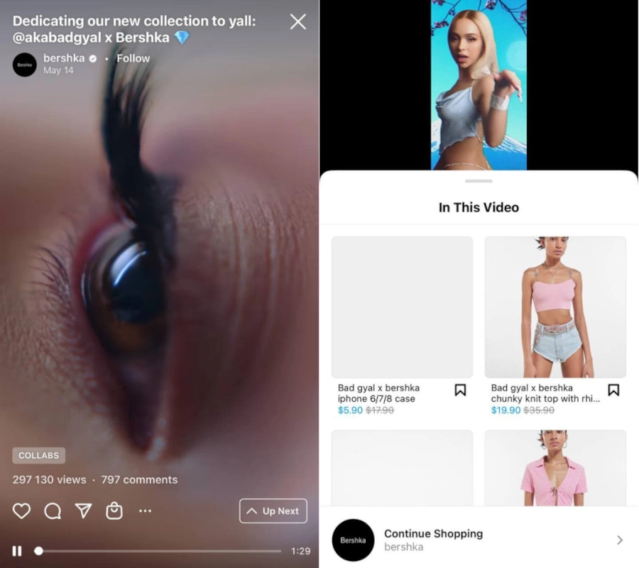 Screenshot of Bershka's Instagram video with product links