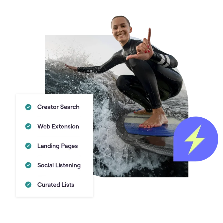 Stylized image of a surfer creator and influencer discovery list of functions for GRIN's Creator Discovery Suite