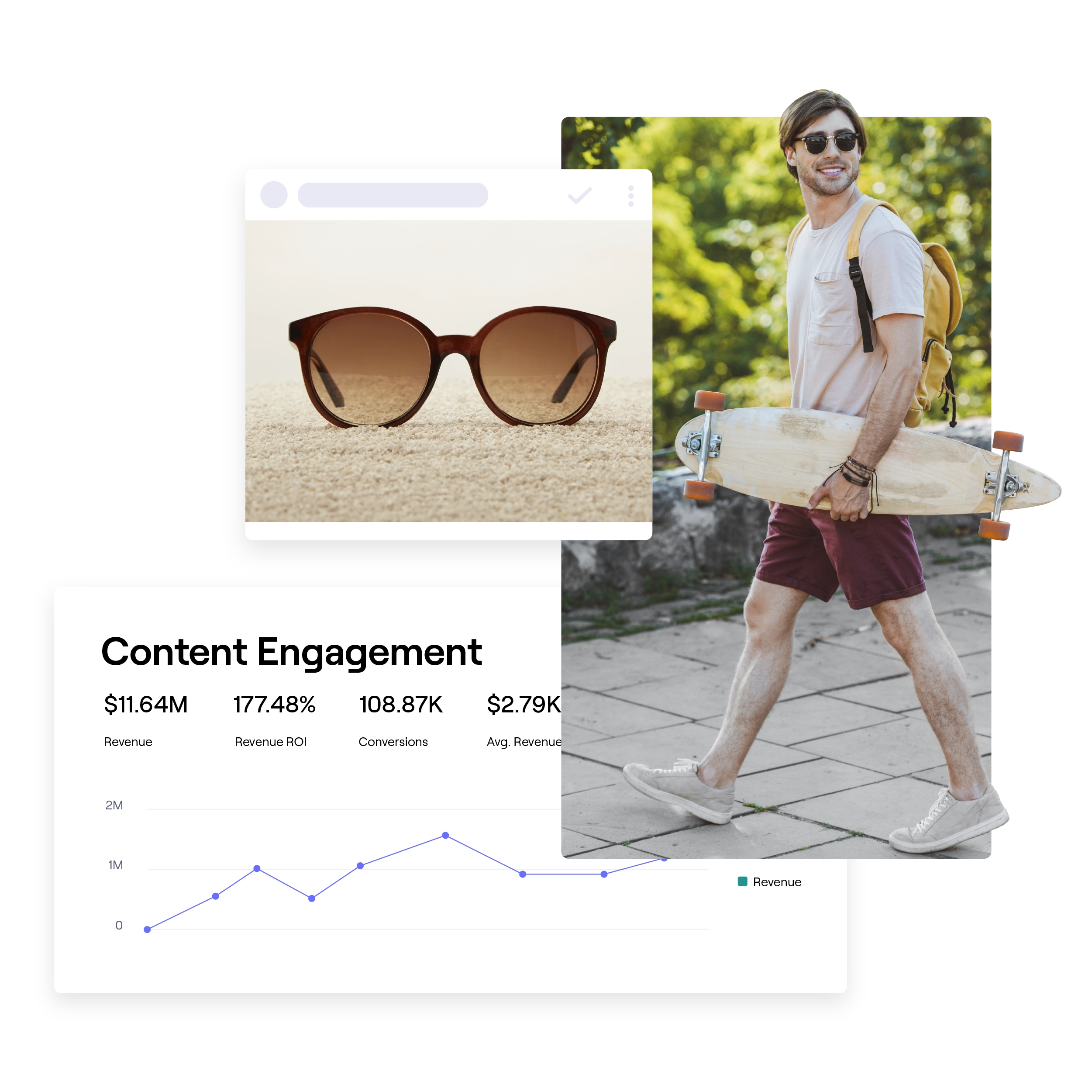 stylized images of an influencer, sunglasses, and a line graph