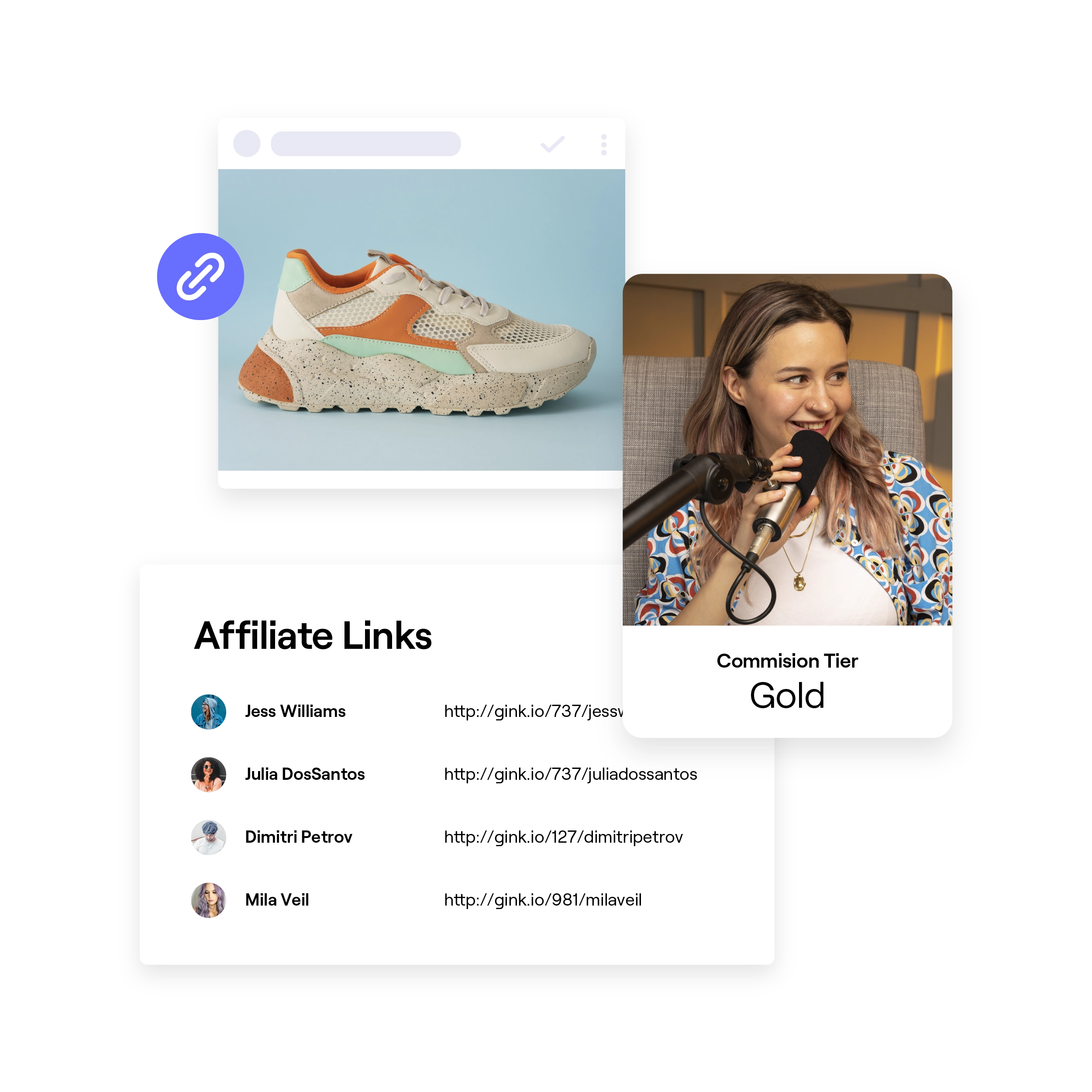 stylized image of an influencer, a product, and affiliate links