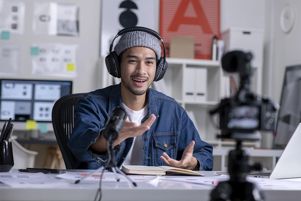 Content creator making branded content by recording himself