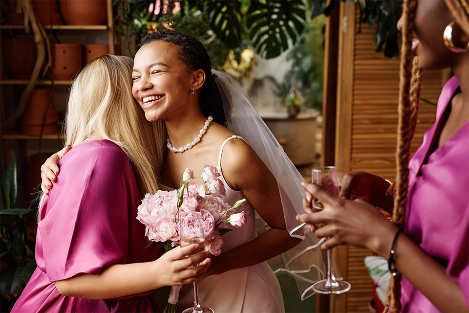 Image of a smiling wedding influencer bride hugging a woman in a pink dress in an example of what wedding influencers are