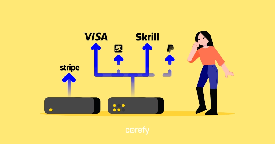 Illustration of a woman comparing several types of payment options