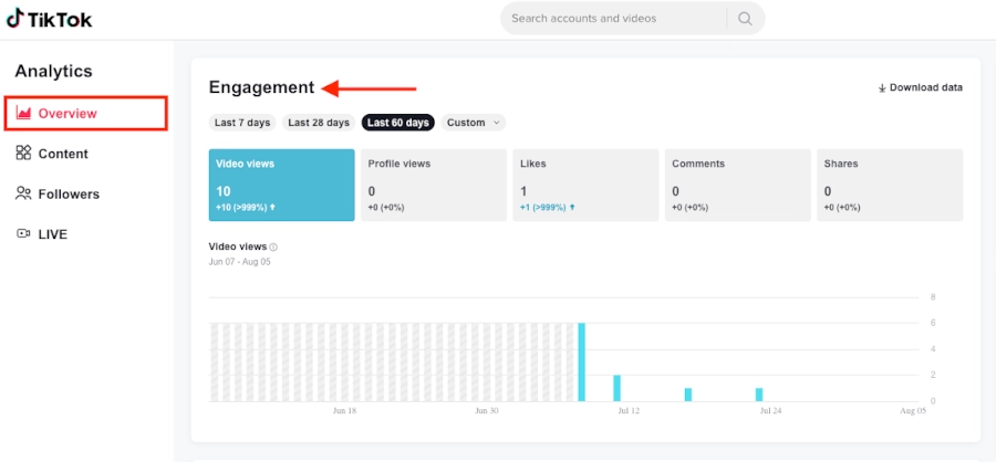 Screenshot of TikTok analytics screen with Overview highlighted