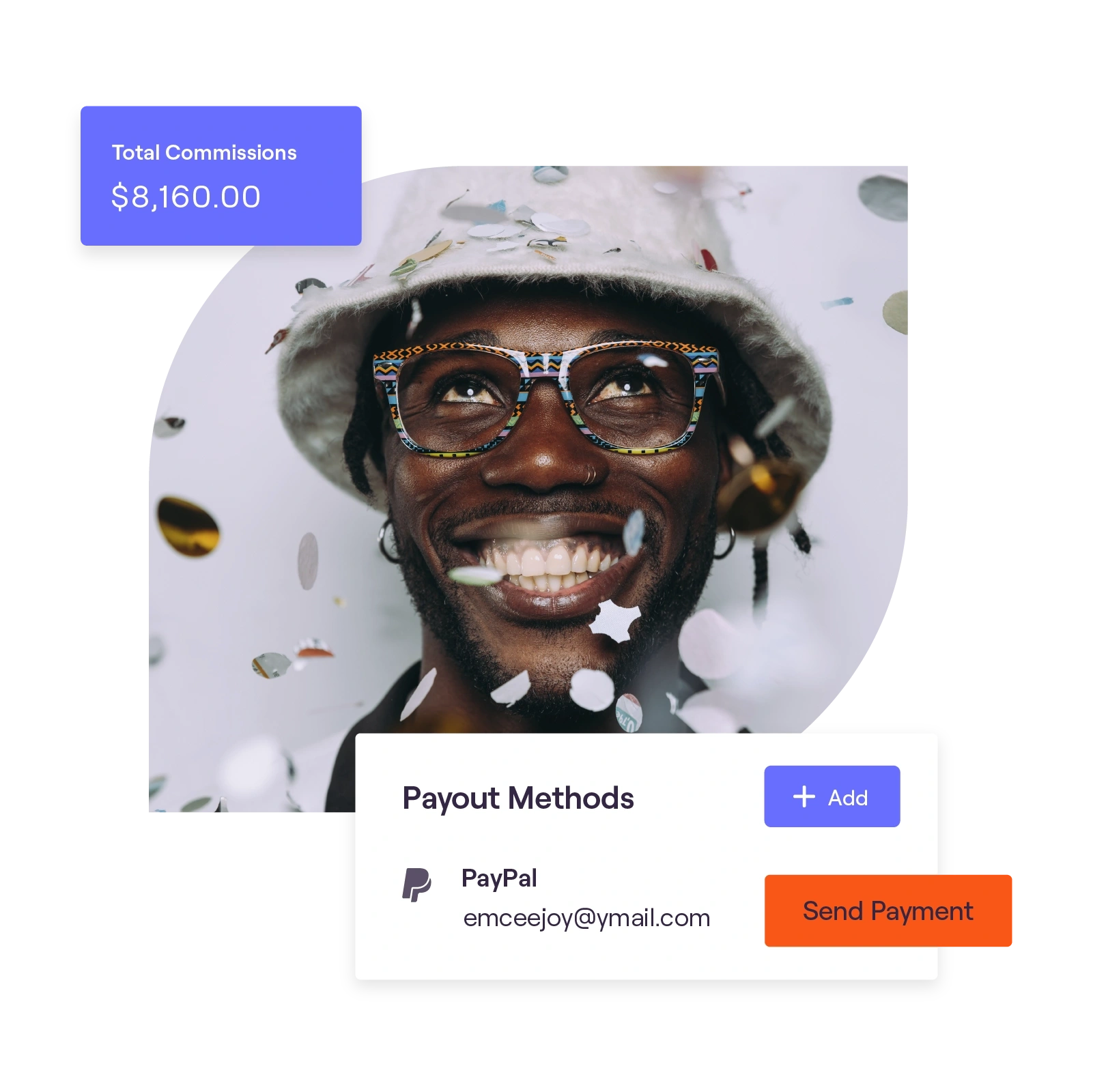 stylized image of a smiling content creator surrounded by payment metrics