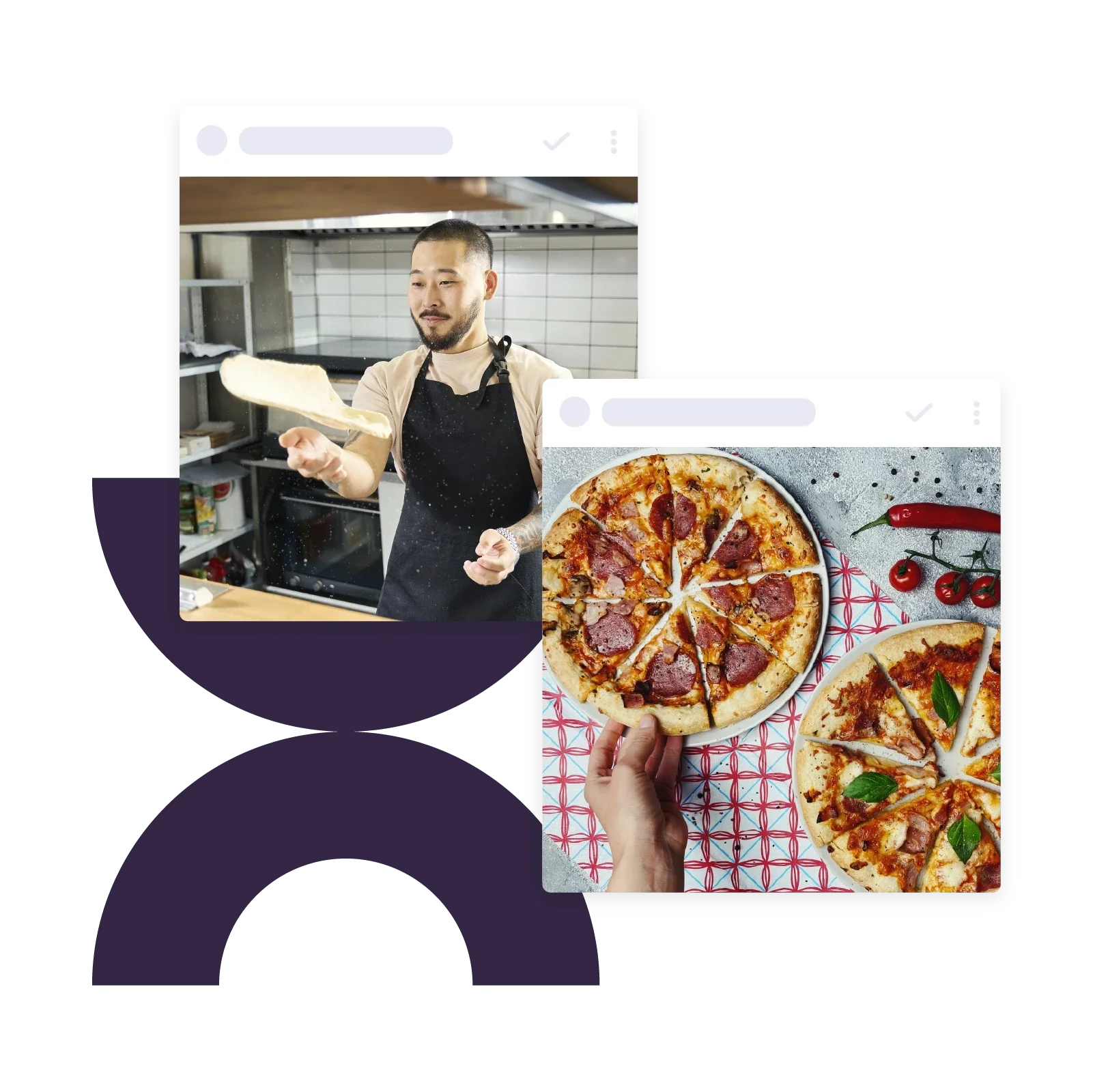 stylized social images of pizza and a man making pizza
