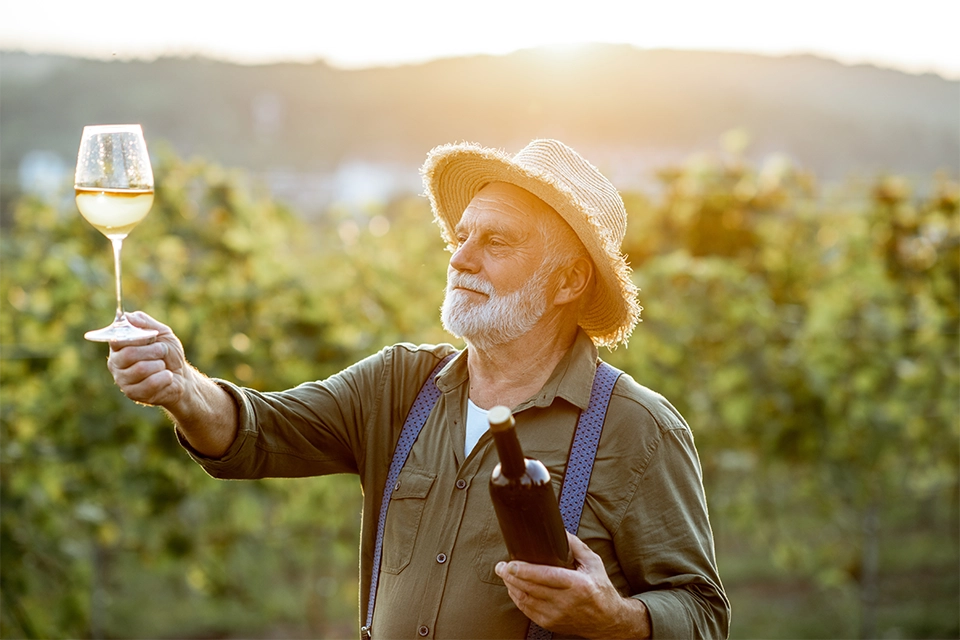 Older man holding up a glass of white wine for a wine marketing effort