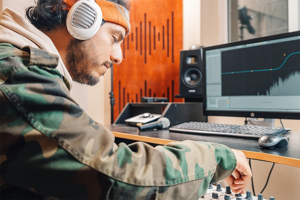 Man working on music marketing strategies in front of sound equipment
