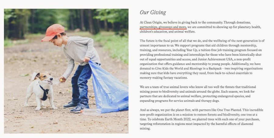 Screenshot of Clean Origin's Our Giving section