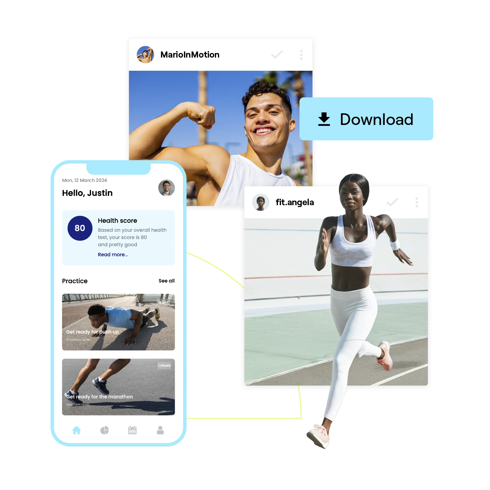 Stylized image of fitness creators and a fitness app