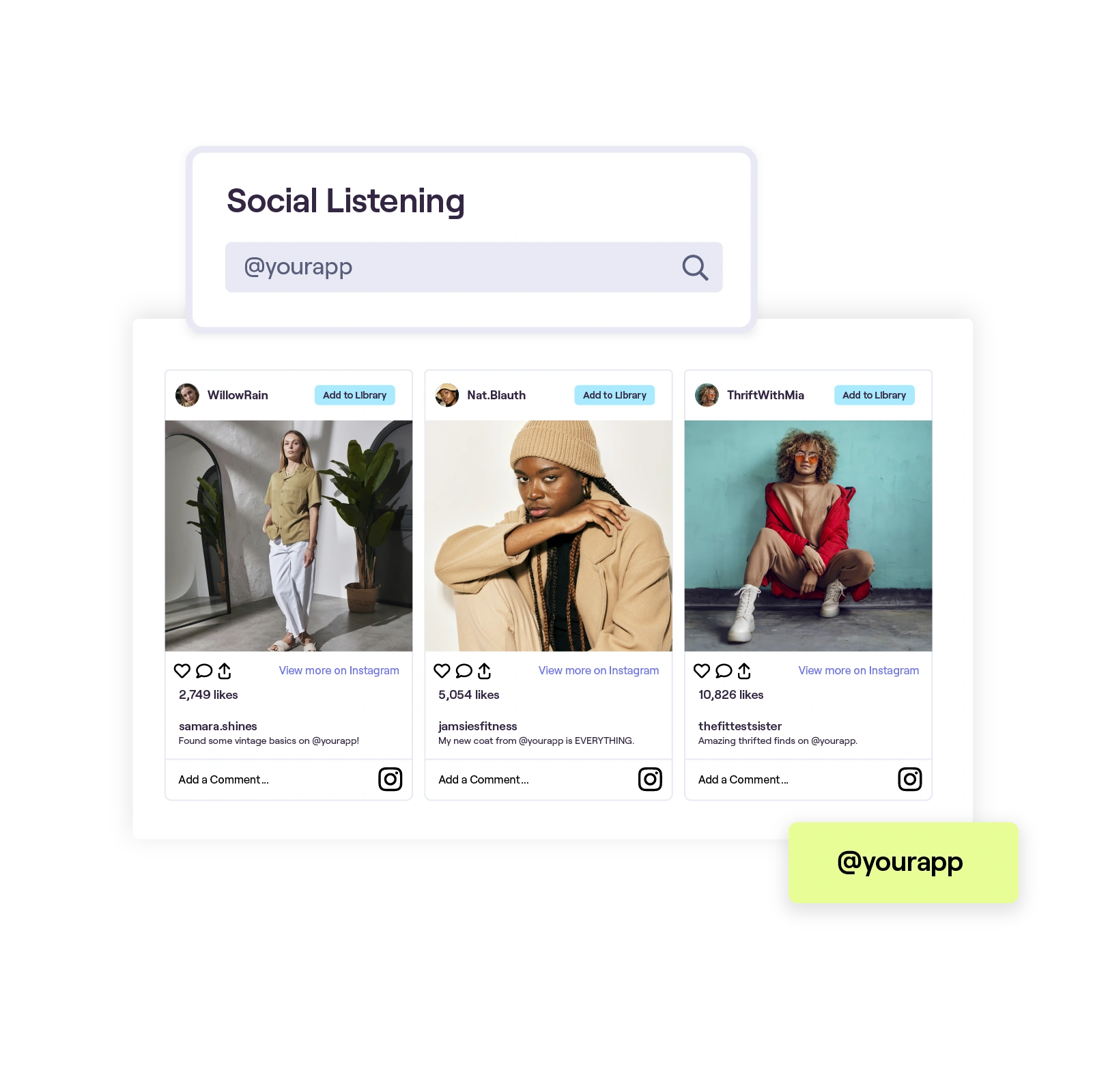 Stylized image of three social media posts below a Social Listening search bar